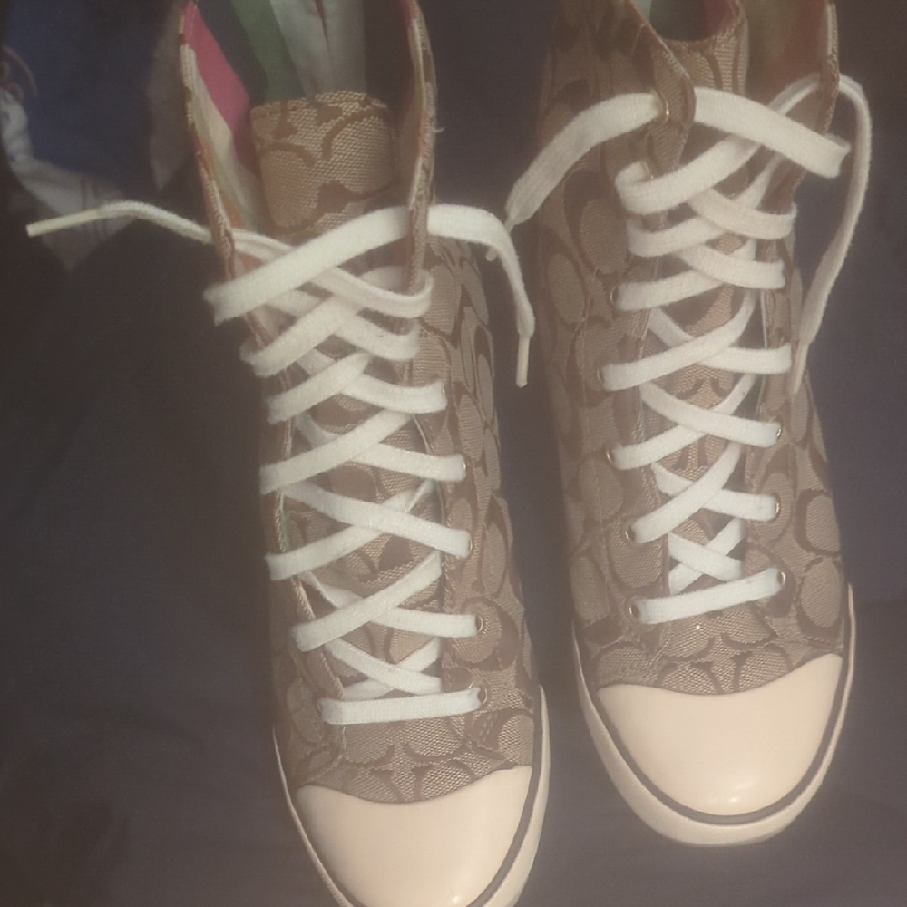 Coach Brown and Cream Patterned High-Top Sneakers